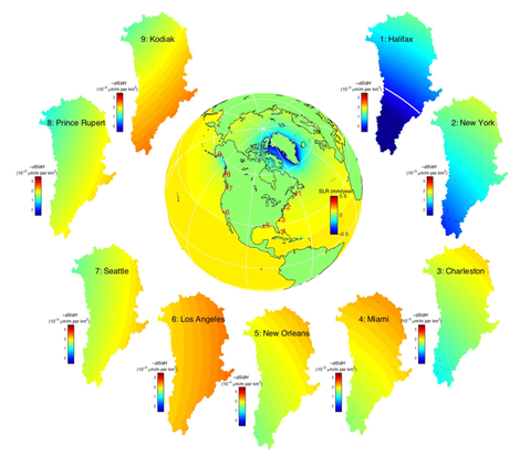 A gradient fingerprint map for nine cities. Brighter colors indicate a bigger sea level rise impact on that city. Image: Larour et al., 2017